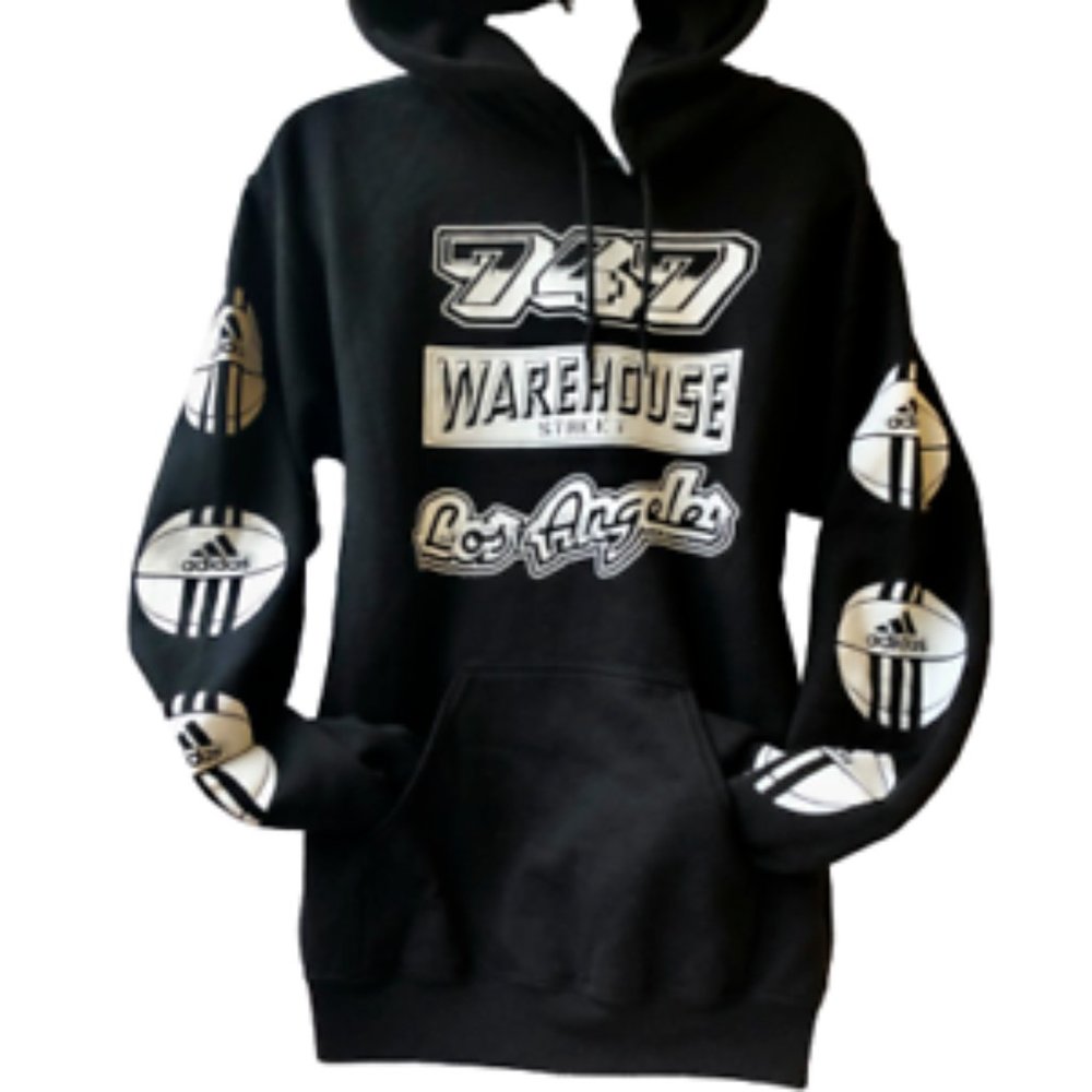 Adidas 747 Warehouse St Los Angeles Hoodie Black Graphic Sweatshirt Hoodie.